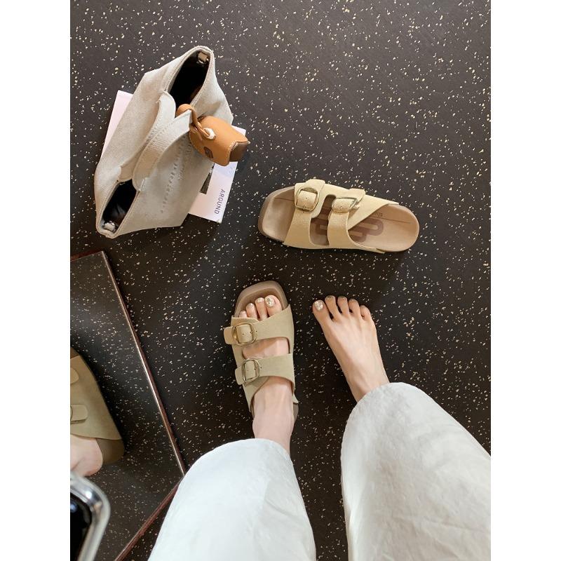 

Cowhide slippers women s double buckle with retro thick-bottomed lazy person pedaling summer sandals 40