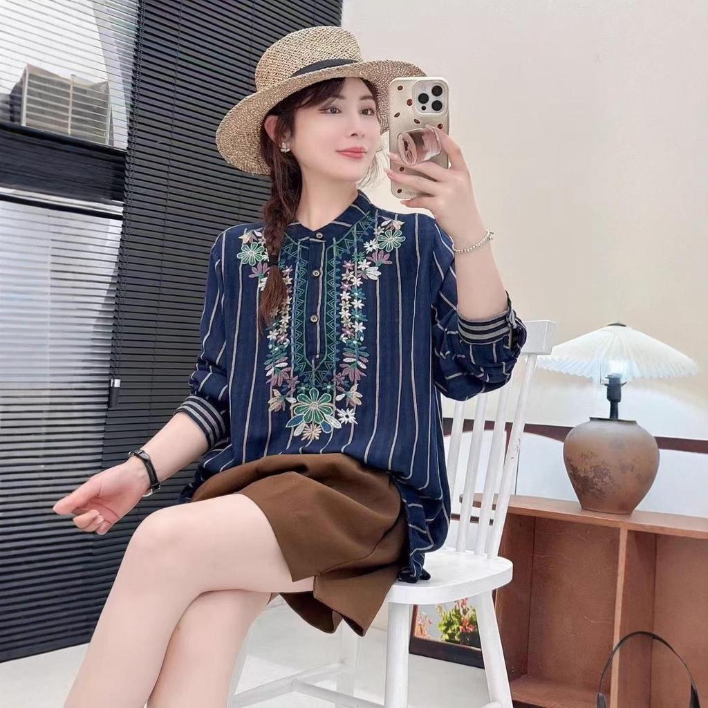 Retro Artistic Striped Embroidered Stand Collar Loose Shirt for Women - Spring/Autumn, Plus Size Available