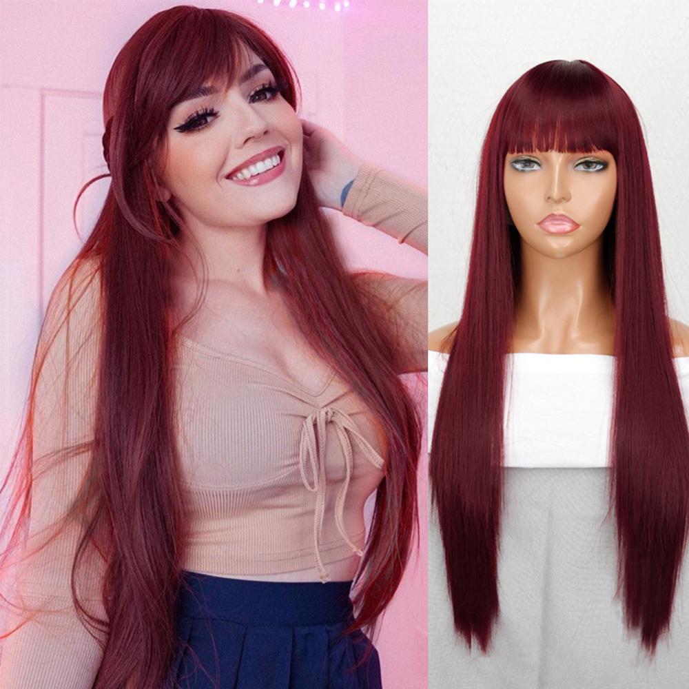 

MISS WIG Длинный прямой парик красного вина с челкой из синтетического волокна черного, коричневого цвета с эффектом омбре, повседневная одежда, длинный парик для женщин 60 cm