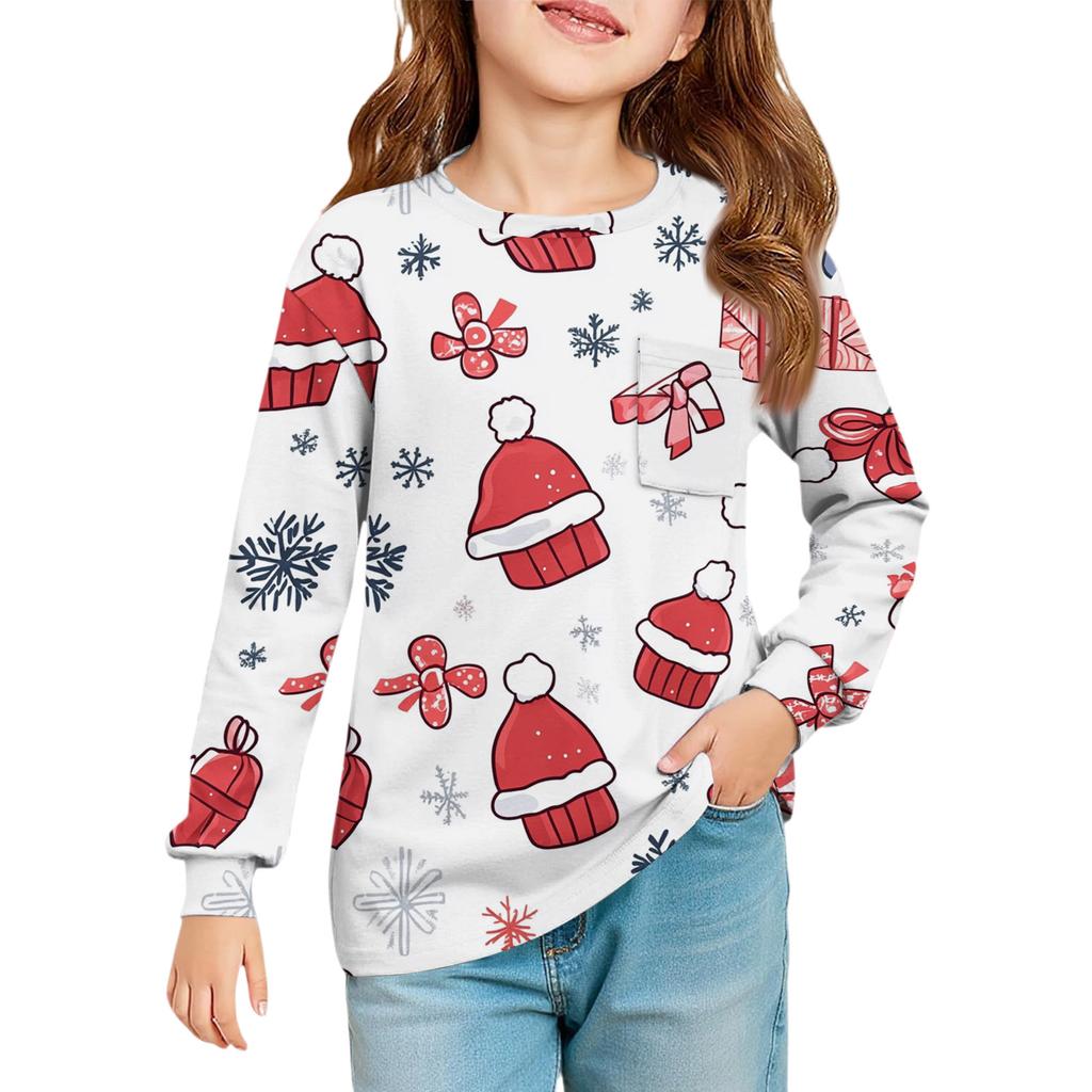 Christmas Day Girls' Long Sleeve Blouse - Round Neck Soft Waist Tunic