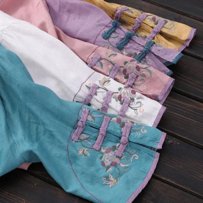 Summer Women's Clothing Shirts Blouse Blusa Mujer Vintage Casual Camisas Women Blouses Linen V Neck Embroidery