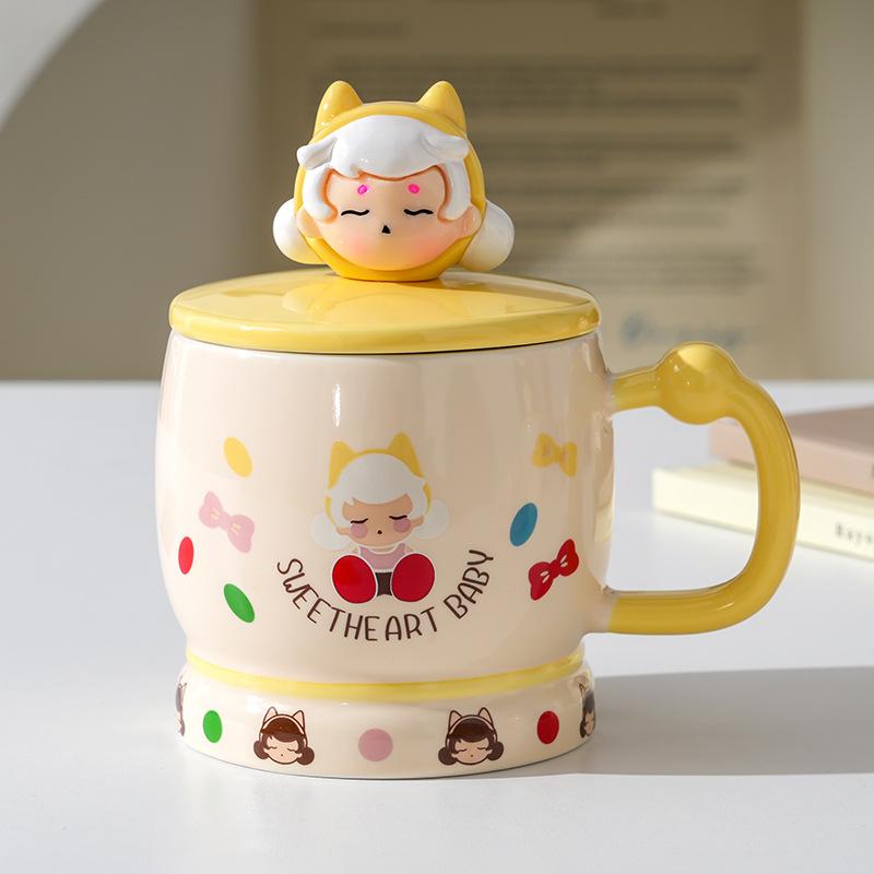 Cute Girl Heart Cartoon Character Ceramic Mug Sweetheart Baby Covered Ceramic Water Cup High Value Breakfast Cup 401-500ml