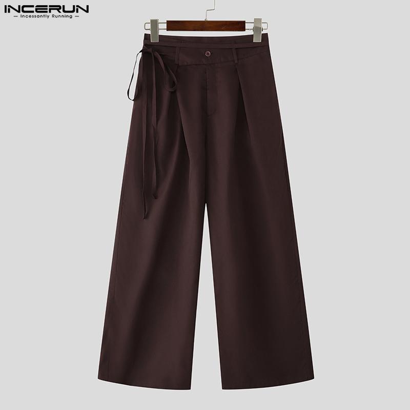 INCERUN Men Bandage Zip-up Waist Long Wide Leg Pants Casual Pockets Trousers