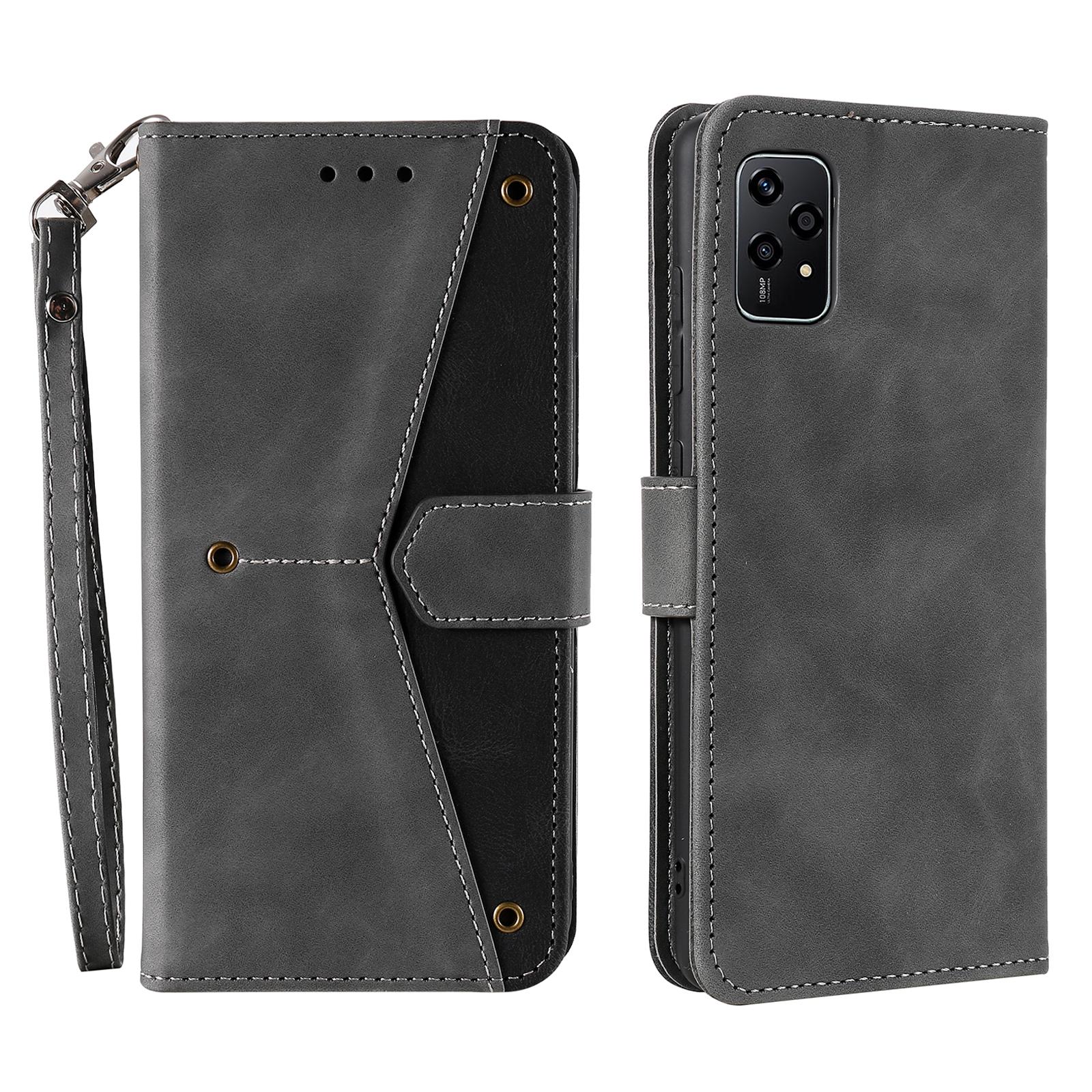 

For Honor 200 Lite Case Splicing Stitching Leather Stand Wallet Phone Cover Grey