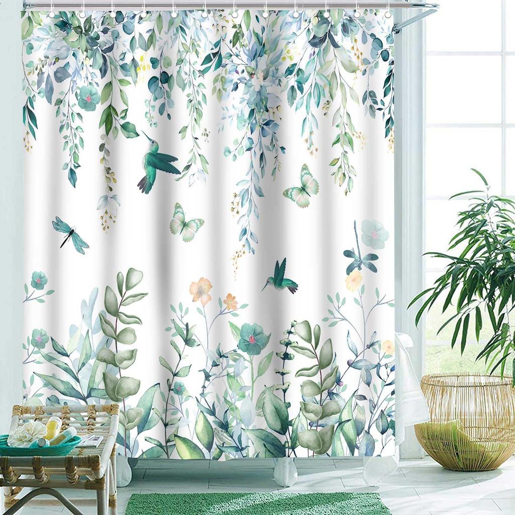 Teal Green Eucalyptus Leaves Shower Curtain for Bathroom Watercolor Floral Flower Bird Shower Curtains Hummingbird Butterfly
