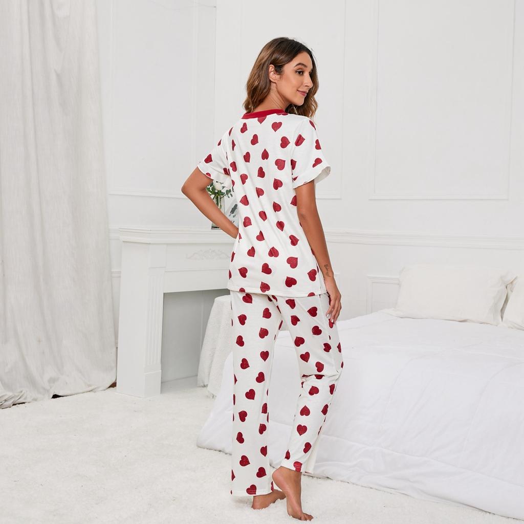 Plus Size Women's Summer Love Printed Round Neck T Shirt Casual Home Wear Set