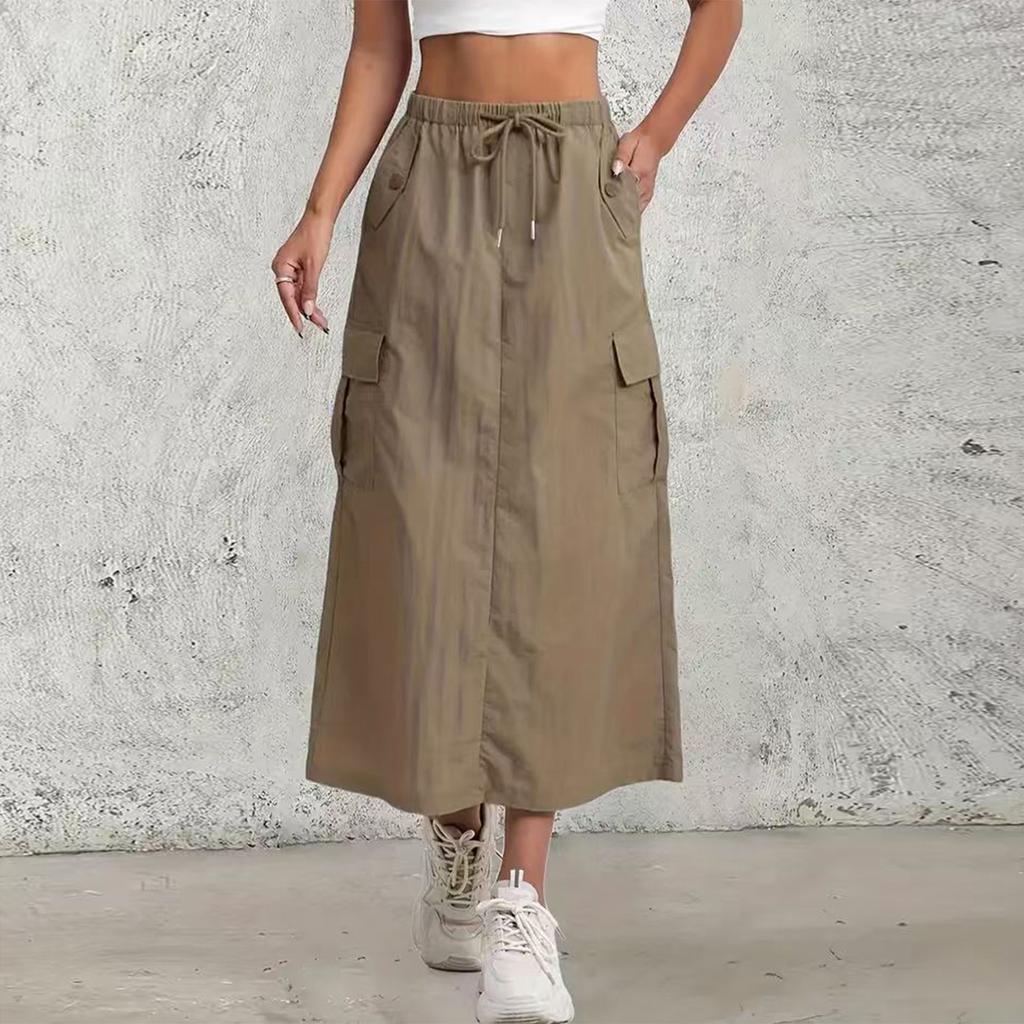 Women's Fashionable Solid Color Drawstring Elastic High Waisted A-line Pocket Back Slit Skirt