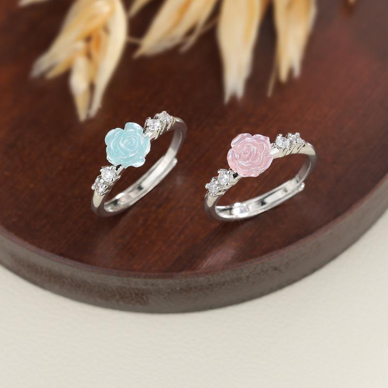 PONYKISS Silver Plating Zircon Rose Camellia Flower Adjustable Rings for Women Romantic Fashion Minimalist Accessories
