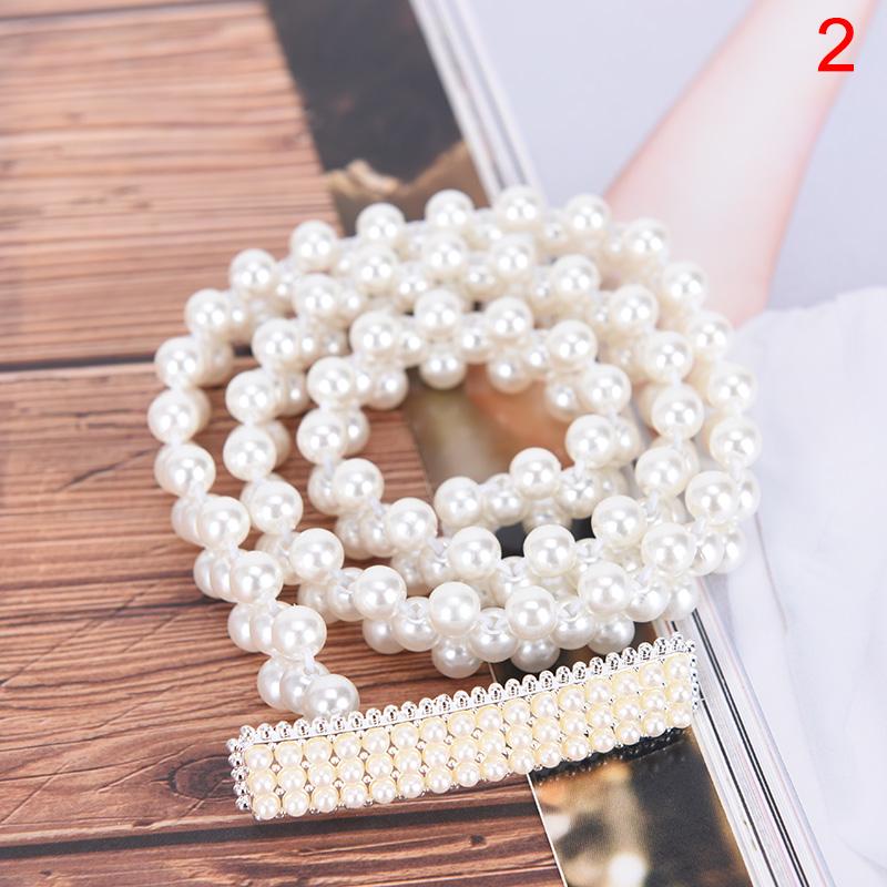 Women Ladies Pearls Beads Chain Belt Stretchy Flower Buckle Waistband