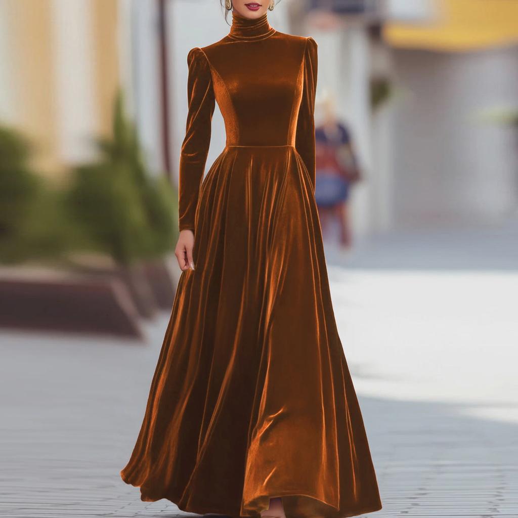 Women's Velvet High Neck Dress with Fitted Waist and Flared Skirt for Elegant Occasions