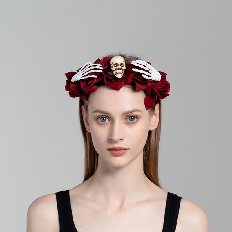 Skull Headband Halloween Tiaras And Crowns Halo Flower Headband Day of The Dead Headband Rose Flower Crown Hairband