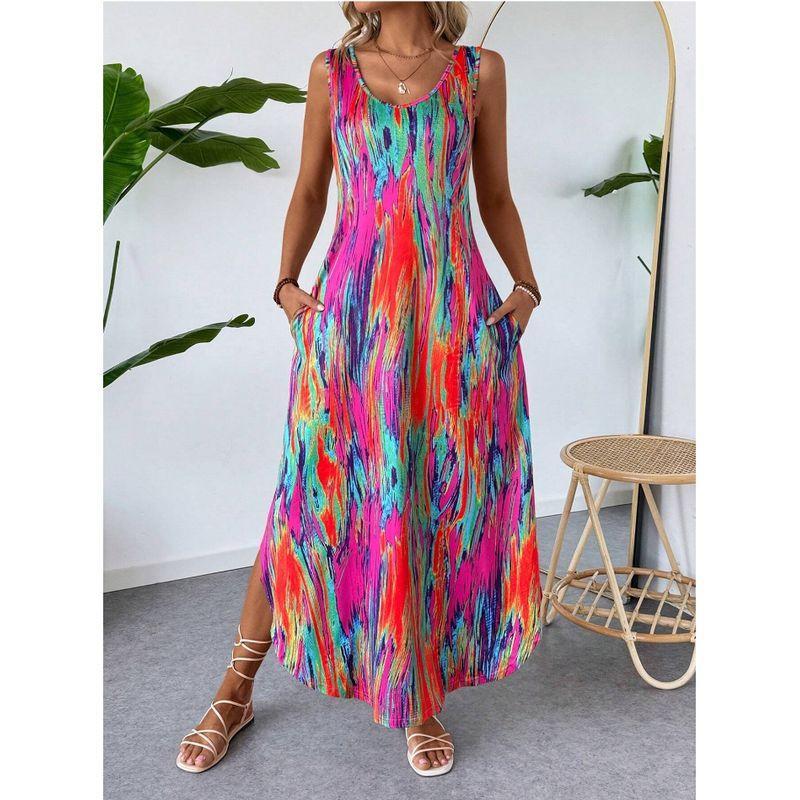 

Fashion Style Amazon Wish Summer New Arrival Dress Flower Print Sleeveless round Neck Loose Dress Women Flower color S