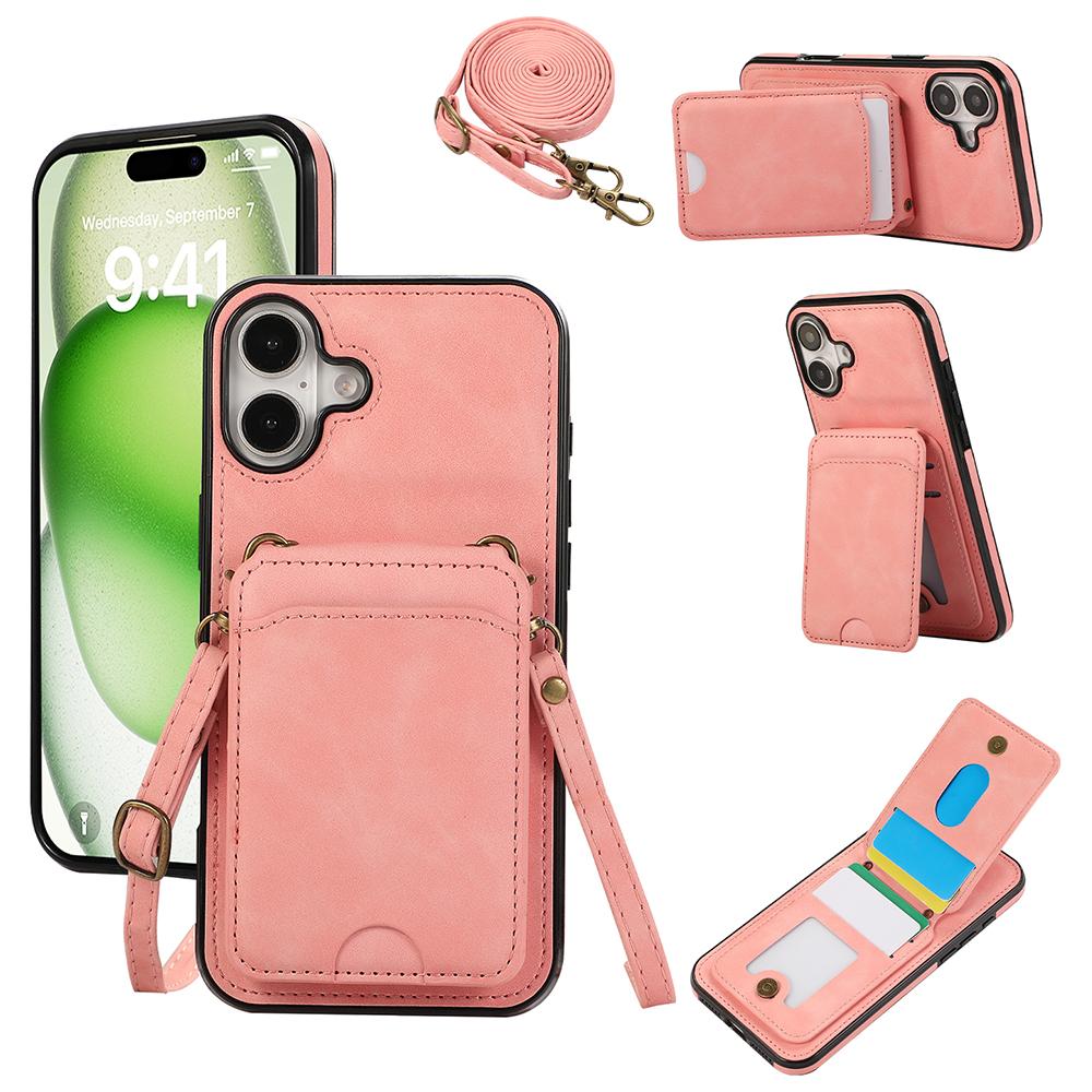For iPhone 16 Case Card Holder Kickstand Leather+TPU Phone Cover with Shoulder Strap