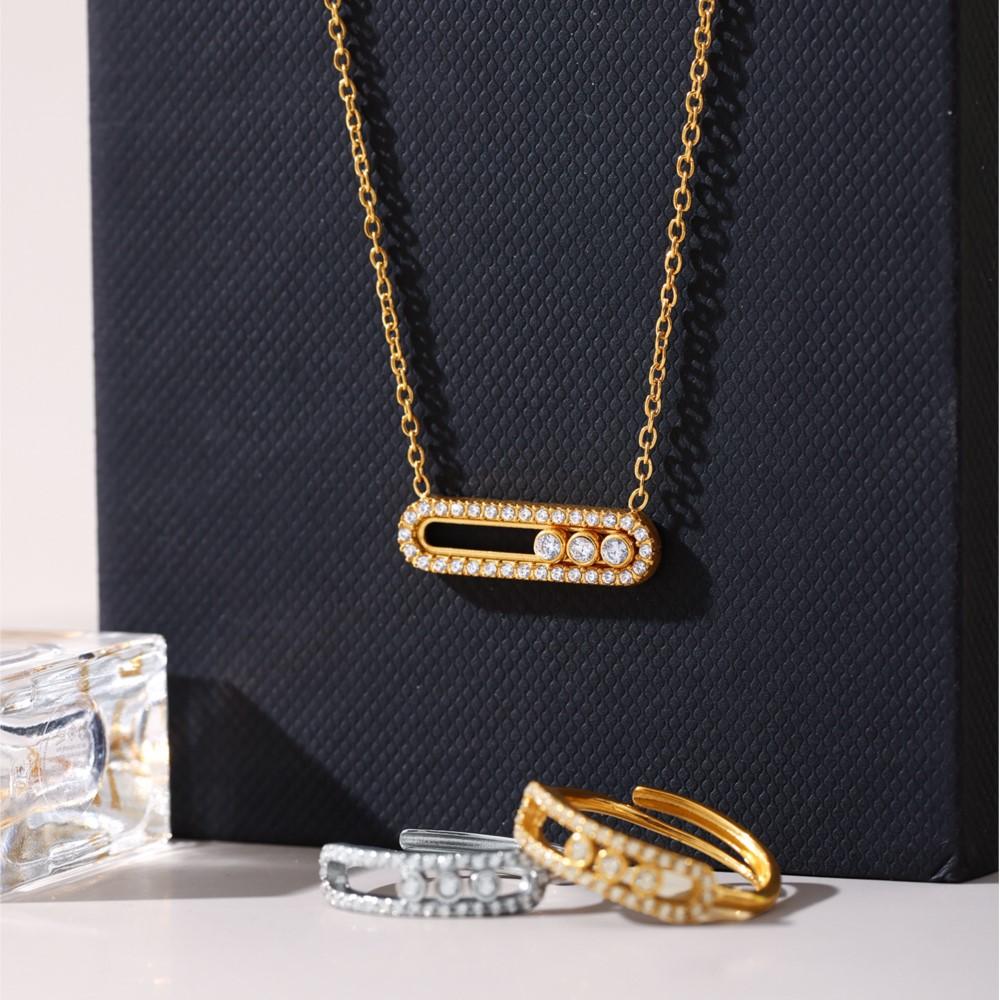 Chain Necklace Matching Ring In Stainless Steel 18k Gold Plated With Movable Zircon Pendant Necklaces Adjustable Rings For Women
