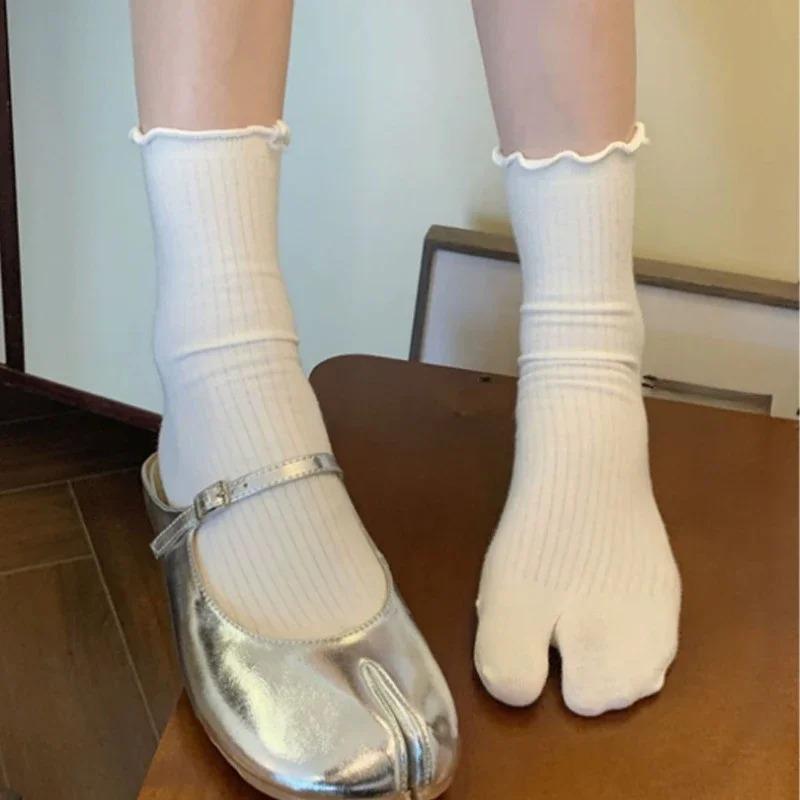1/2 páru Unisex Ponožky Jednobarevné Dvouprsté Japonské S Volánkovým Lemem Bavlněné Ponožky S Dělenými Prsty Harajuku Ponožky na Podlahu Vysoce Pružné Ponožky