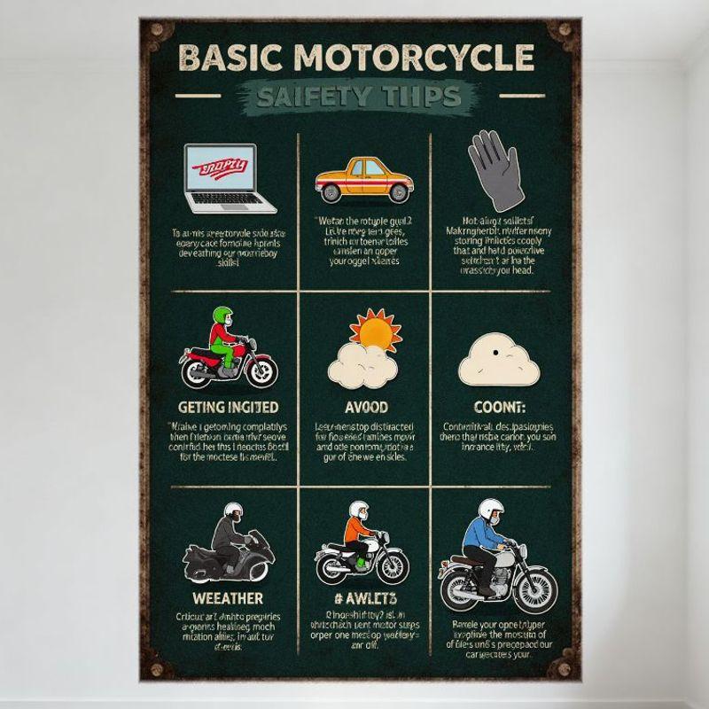 

Vintage Basic Motorcycle Safety Tips Tin Sign - 3x3 Grid Icons, Defensive Driving, Gear, Weather Precautions Metal Plaque for Ga 20x30cm（7.8x11.8inch）