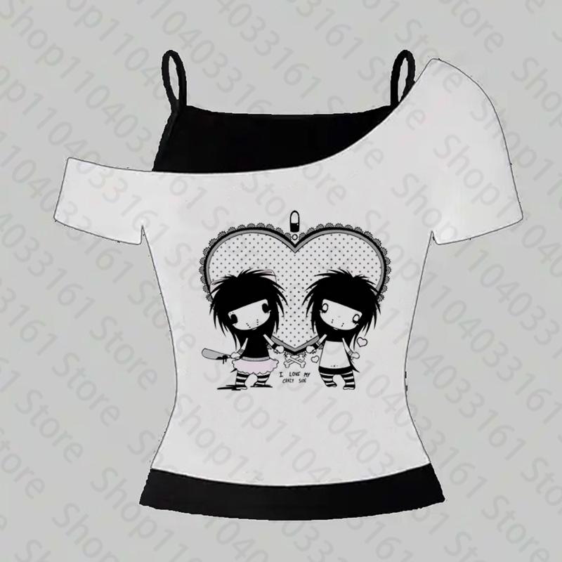 Y2k Anime Roztomilé Streetwear Kulatý výstřih 90. léta Textový potisk Topy Dámské Harajuku Oblečení Jednoduché Vintage Crop Tričko Estetické Emo Ležérní Tričko
