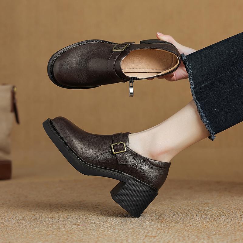 

Fashion 2025 New Spring Genuine Leather Women Shoes Round Toe Women Pumps Brogue Designs Shoes for Women High Heel Loafers Ladies Shoes 34 коричневий