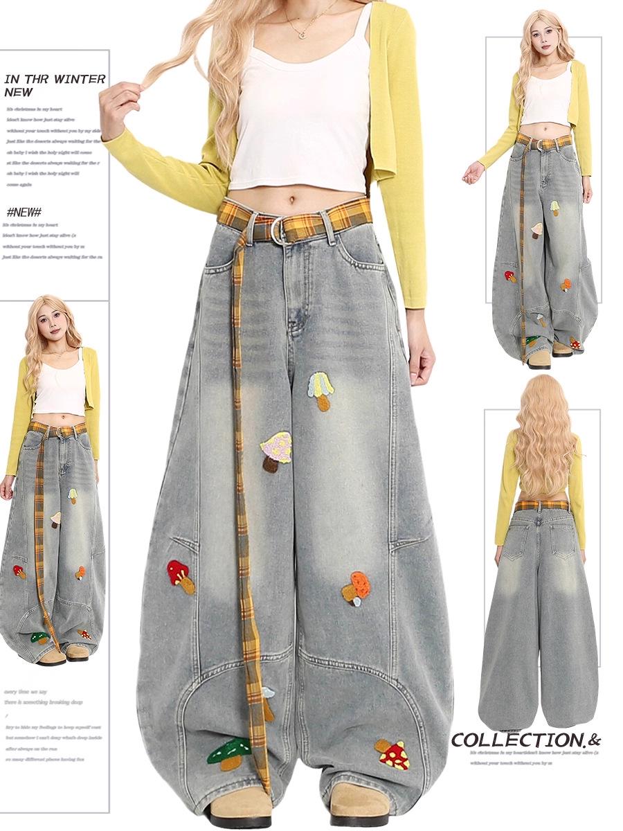 Unisex American Deconstructed Wide-Leg Ripped Denim Jeans - Autumn Washed Style S синий