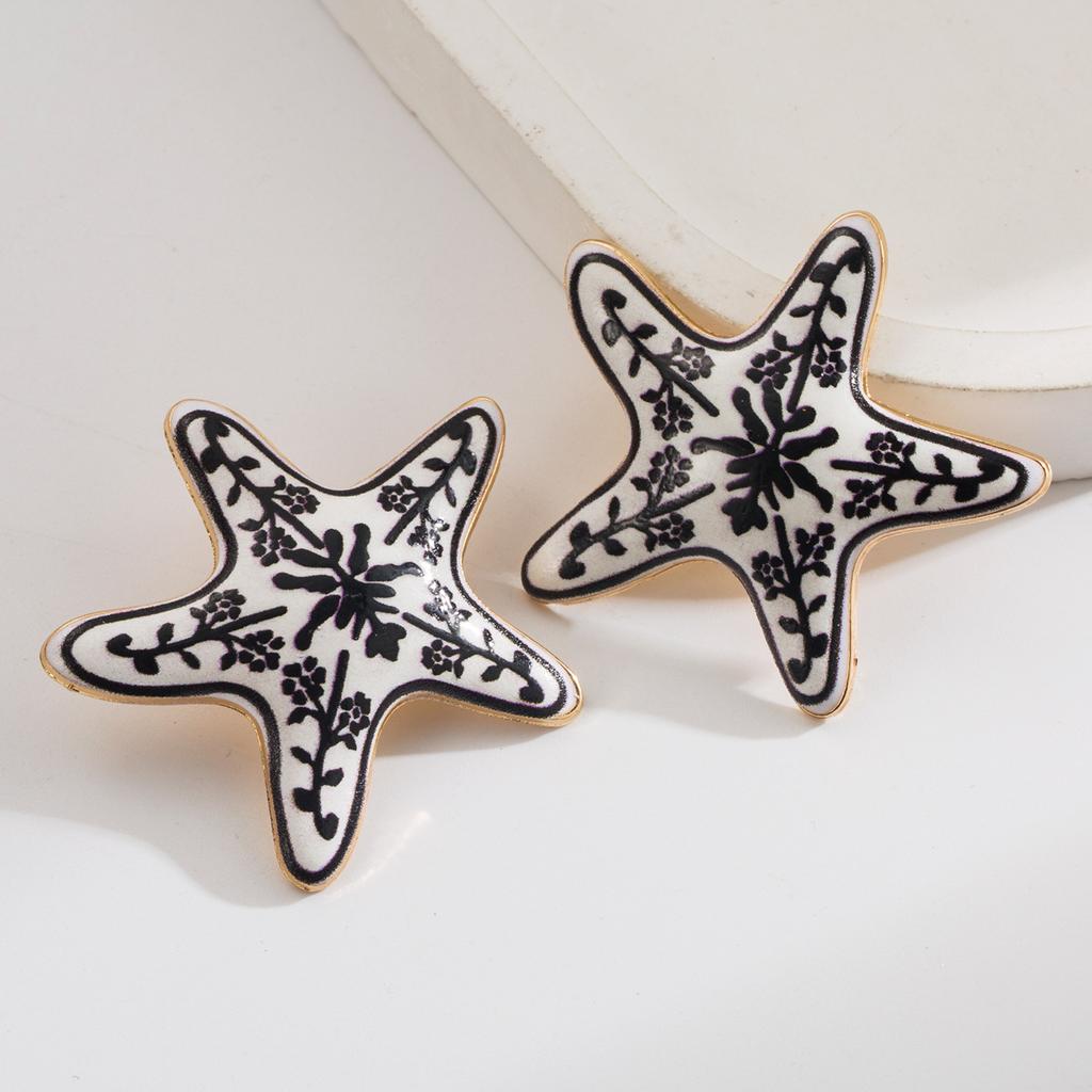 Colorful Blue and White Porcelain Starfish Earrings Unique Niche Design Beach Vacation Style Earrings for Women