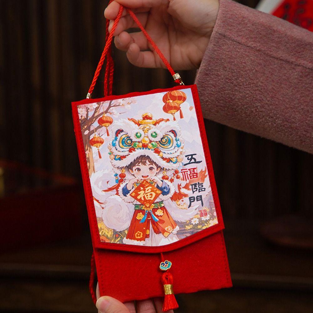 Traditional Spring Festival Cloth Red Envelopes Rectangular Chinese Style New Year's Blessing Bag Reusable with Hanging Rope