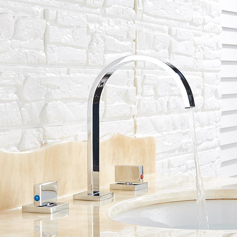 

Basin Type Faucet Brass Polished Black deck installation Square Bathroom Sink Faucet Three Hole Dual Handle Cold and Hot Faucet