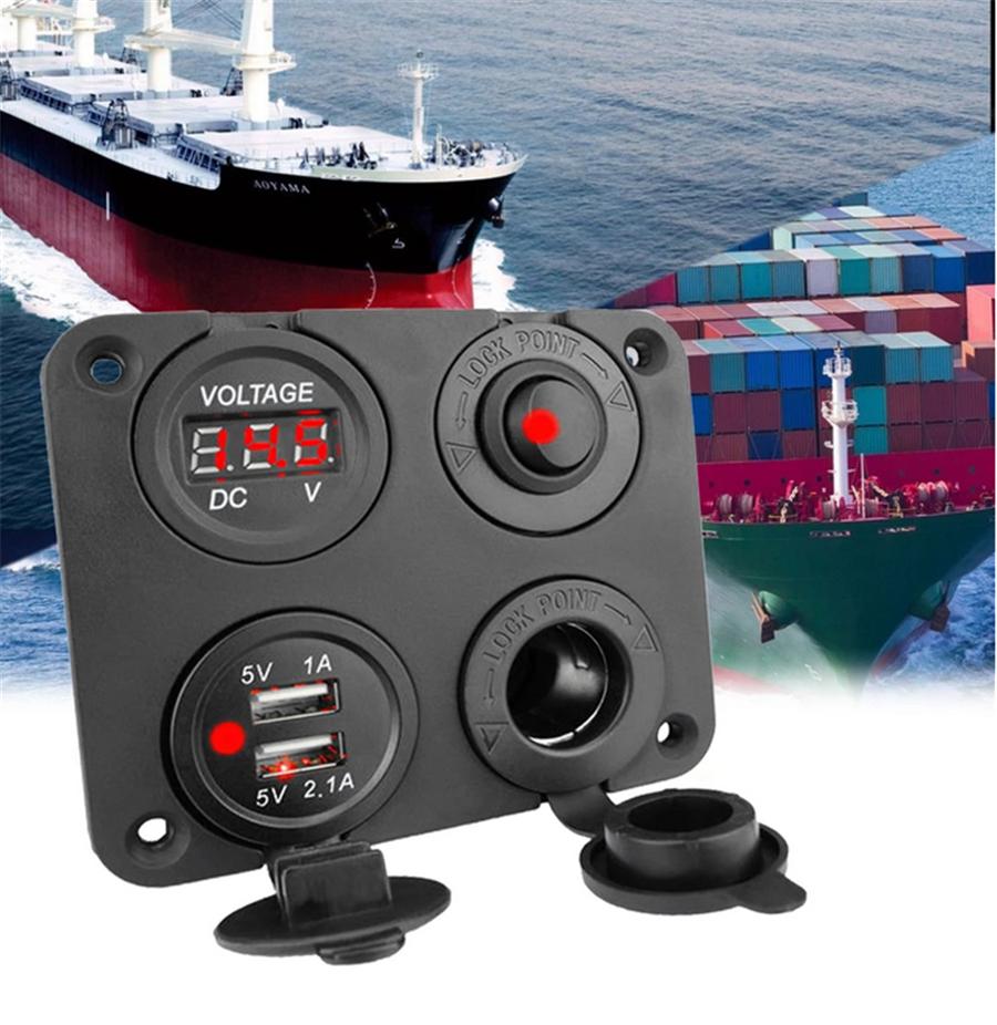 12V-24V Car Boat Dual USB Charger Switch Voltmeter Cigarette Lighter Sockets Kit