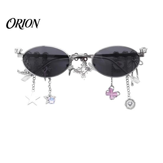 Personalized Styling Eyewear Aesthetic Oval Fake Glasses with Pendant, Anti-Blue Light Decorative Metal Fashion Eyewear, for Teen Girls Butterfly Star