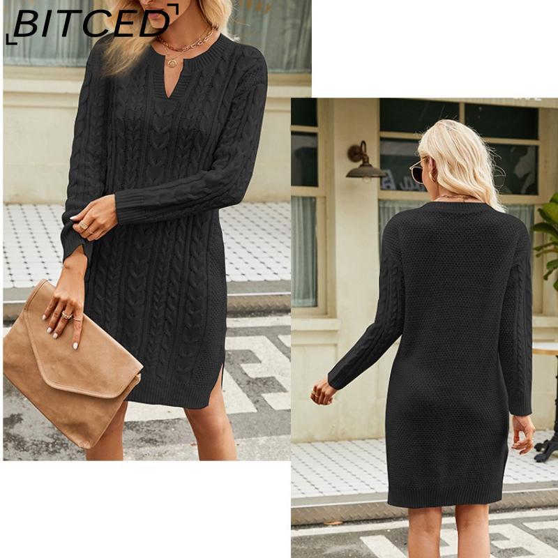 BITCED Autumn/Winter Twisted-Knit Mid-Length Knitted Dress Solid-Colour Slit-Hem Loose-Fit Pullover Women's Wool Dress