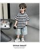 Boys' Summer Striped Short Sleeved Denim Shorts Two-piece Set, Children's Handsome and Versatile Casual Set, Thin