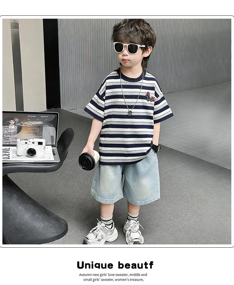 Boys' Summer Striped Short Sleeved Denim Shorts Two-piece Set, Children's Handsome and Versatile Casual Set, Thin