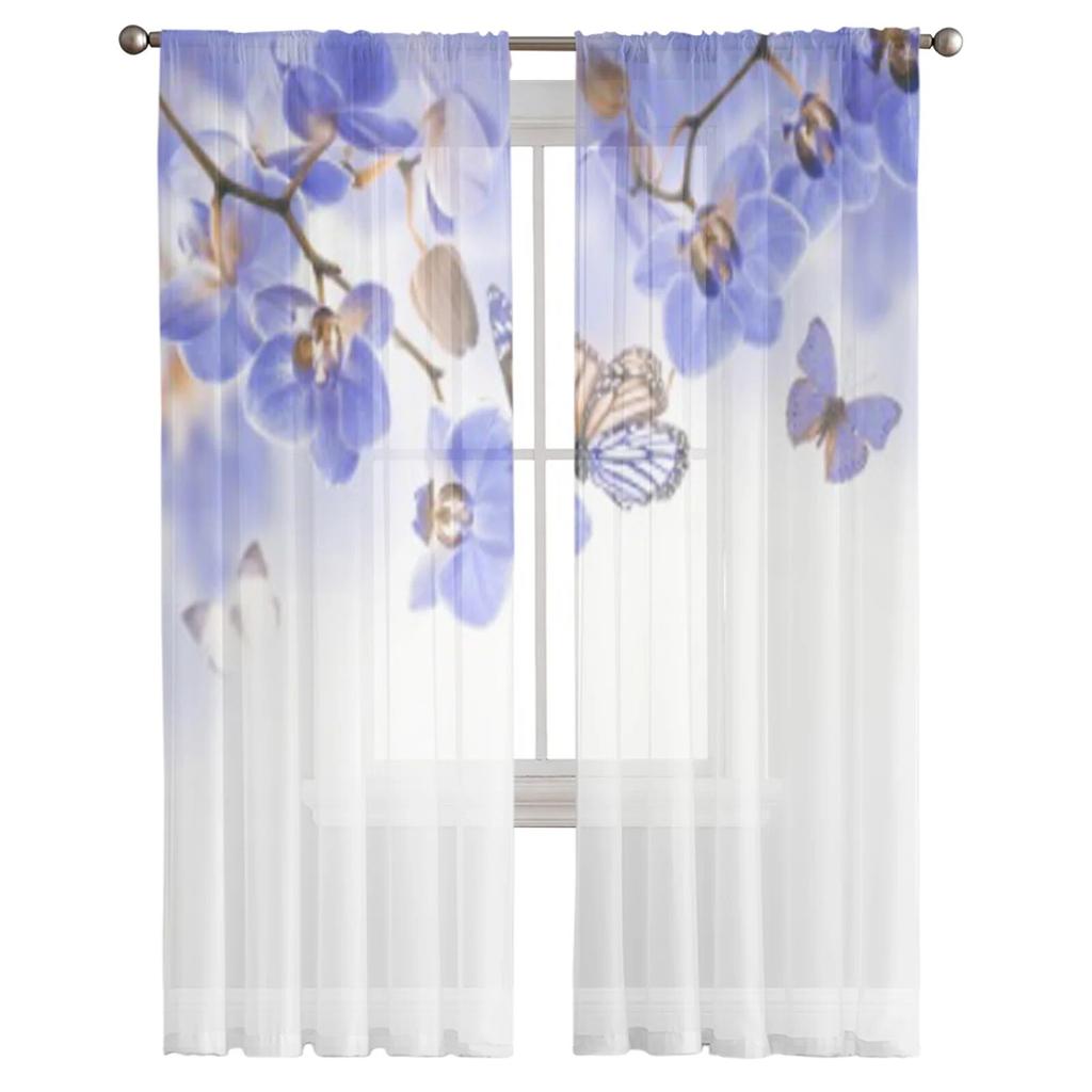 Tropical Orchids Floral And Butterfly Tulle Curtains For Living Room Decoration Modern Veil Chiffon Curtains Bedroom Sheer Voile