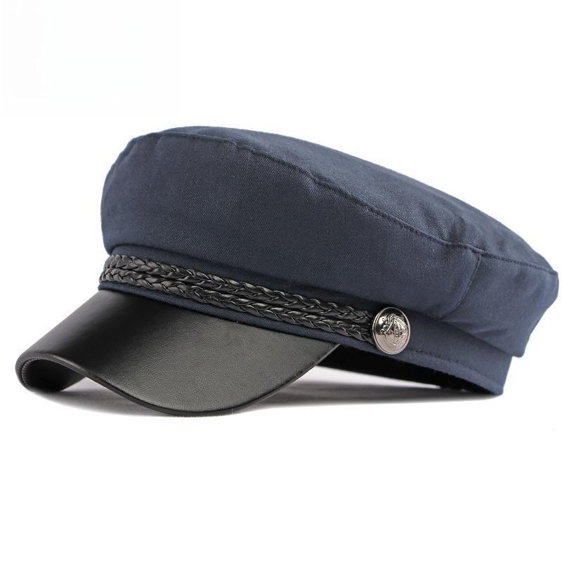 Women's PU Leather Visor Military Cap Sailor Hat Flat Top Marine Cap Preppy Style Retro Baker Boy Cap Braided Rope Casual