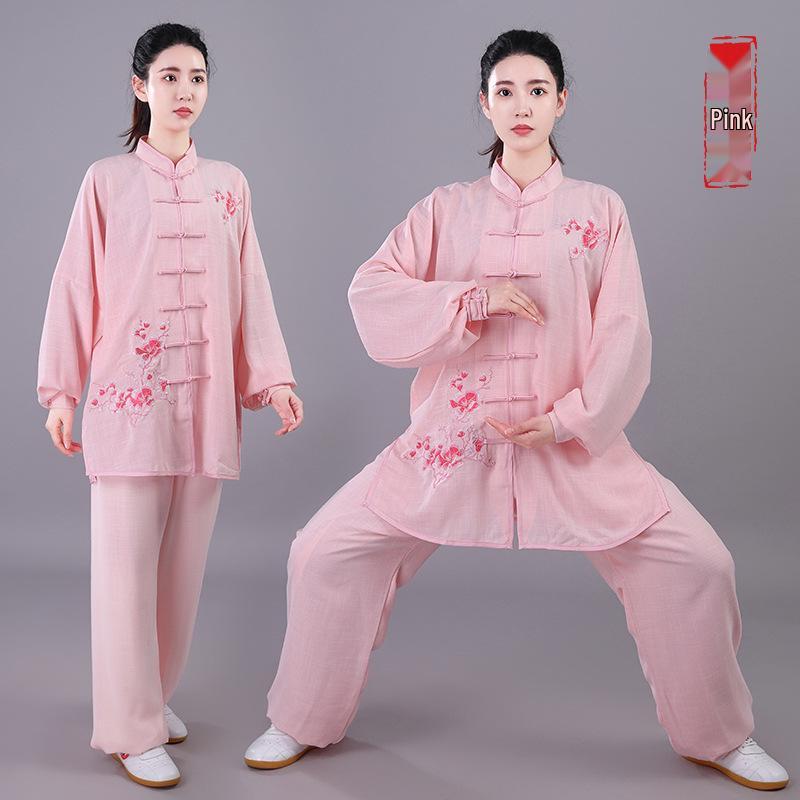 Damski Haftowany Garnitur Tai Chi - Wiosna/Jesień Płynna Bawełna Lniana, Długi Rękaw Kung Fu do Występów, Styl Chiński