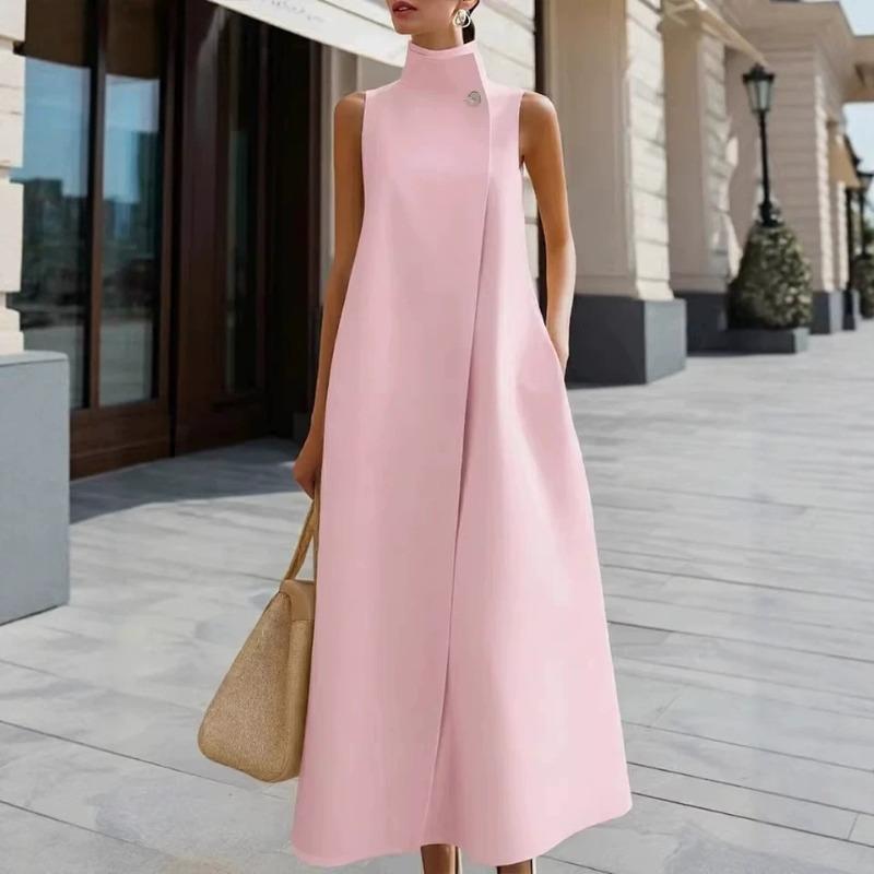 Women Elegant Sleeveless Midi Dress High Mock Neck Button Decor A Line Long Dress Loose Solid Color Vest with Pocket Office Business Formal Daily Wear