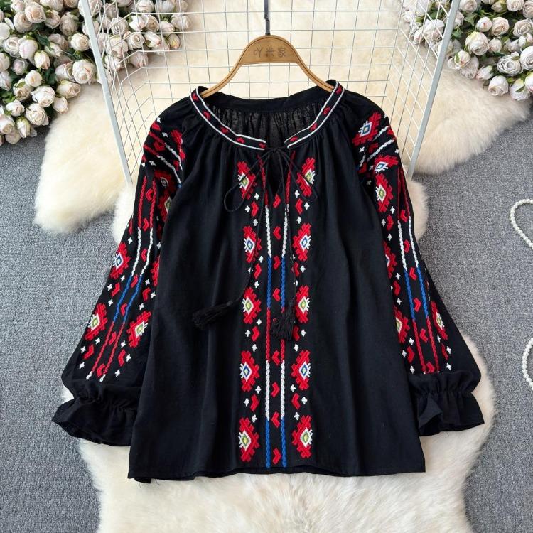 Summer Vintage Women Blouse Embroidered Puff Sleeve Color Block Ethnic Style Camisa Feminina Casual Tops