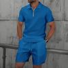 Men's Waffle Zipper Solid Color Short Sleeve Shorts Casual Suit