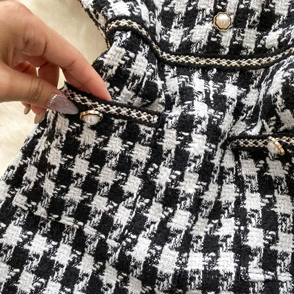 Autumn Winter Women Vintage Spaghetti Strap Houndstooth Tweed Party Short Split Dresses With Pocket