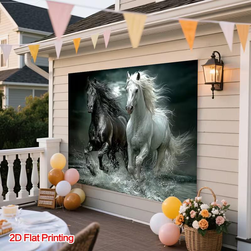 Powerful Galloping Horses Tapestry, Black and White Horses Charging Through Water with Splashes, Dramatic Equestrian Wall Art