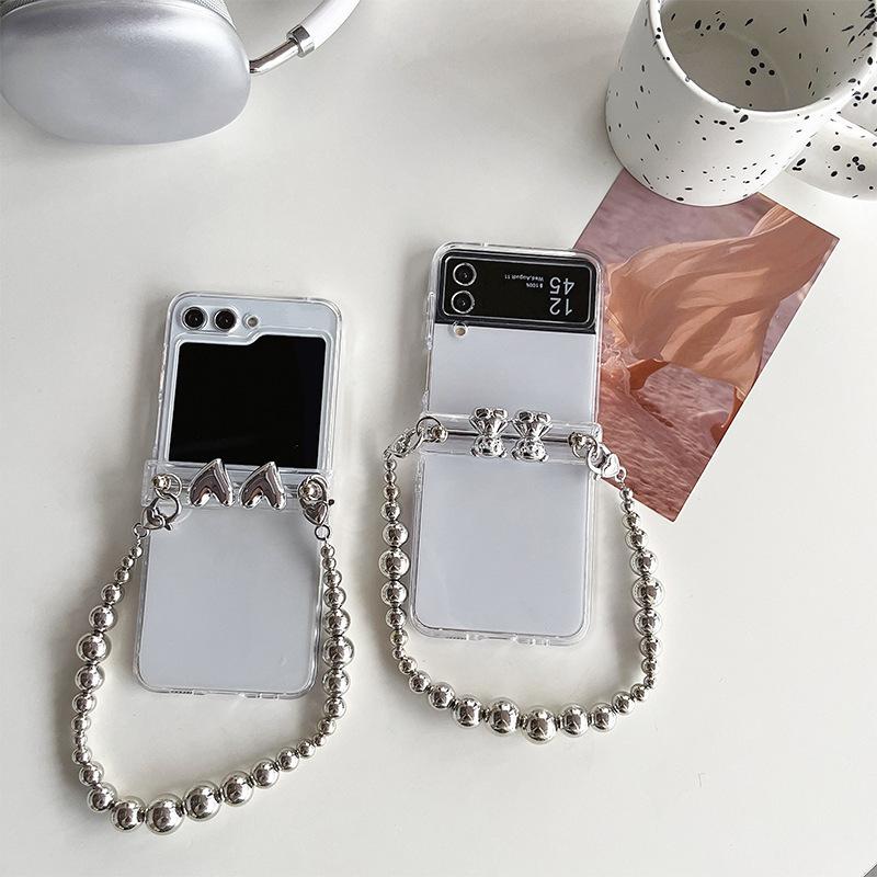 For Samsung Zflip6 Phone Case Flip Cover Folding Screen Handheld Chain Electroplated Heart-shaped Teddy Bear W24clip Transparent