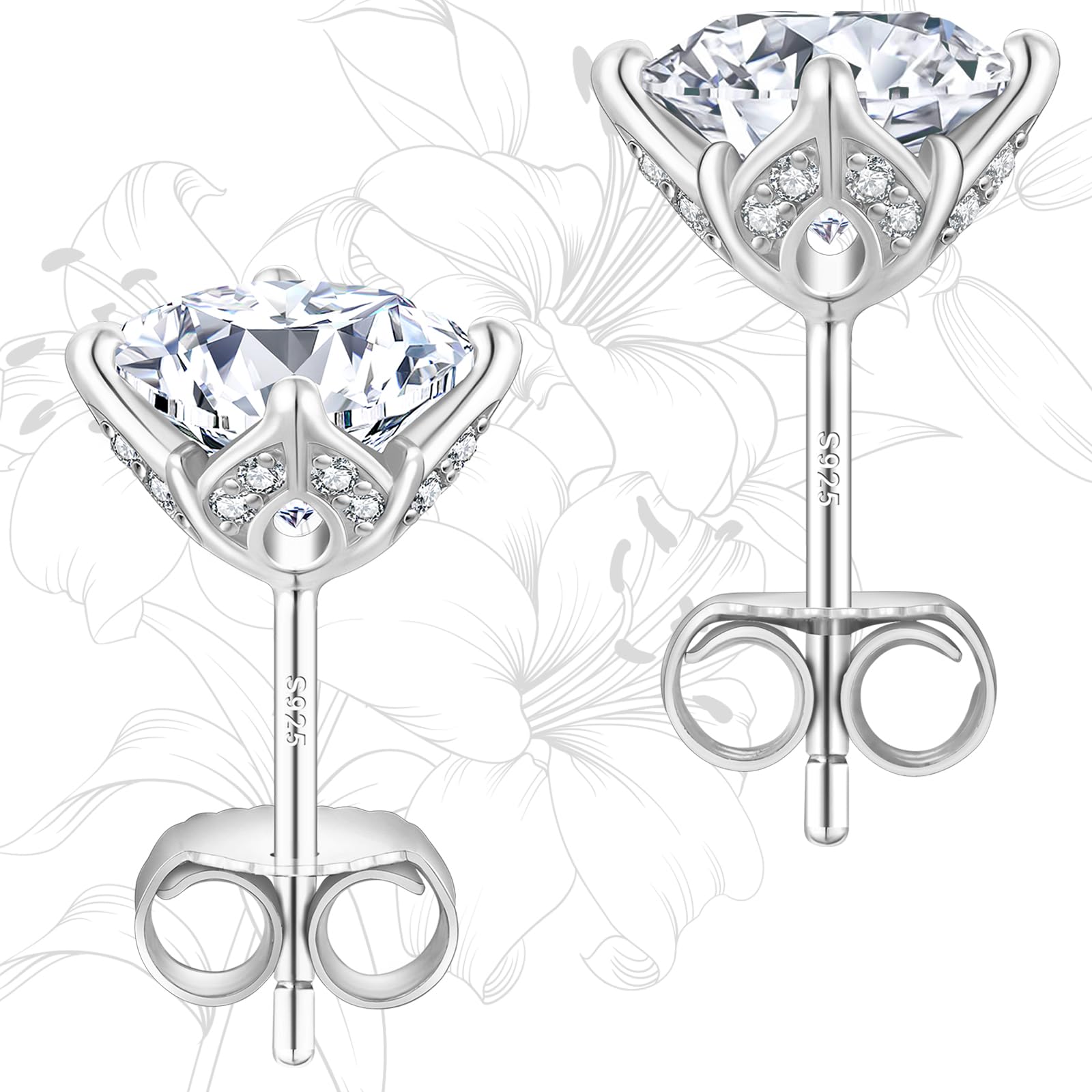 

KRKC Moissanite Earrings for Pair 925 Silver 14K White Hypoallergenic to Gift Box GRA Certificate Included Women, 2.0 carats, [Sakura] Stud, Petals,