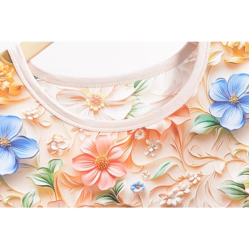 Dam Silke Jacquard Rundhals Kortärmad Tunn Mamma T-shirt Sommar Stor Storlek Blommig Bekväm Andningsbar Mångsidig Lös Topp