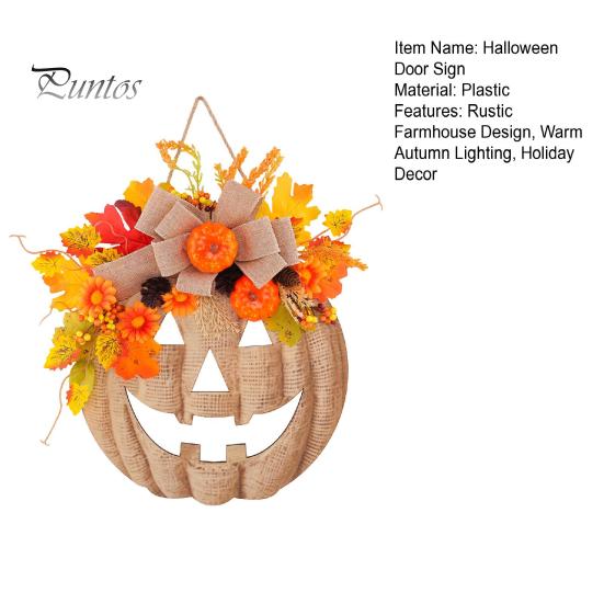 Illuminated Pumpkin Garland with Lights Wooden Halloween Door Sign LED Lights, Artificial Floral Hanging Burlap Wreath Berries Ornament for