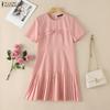 ZANZEA Women Casual Round Neck Summer Short Sleeve Dress