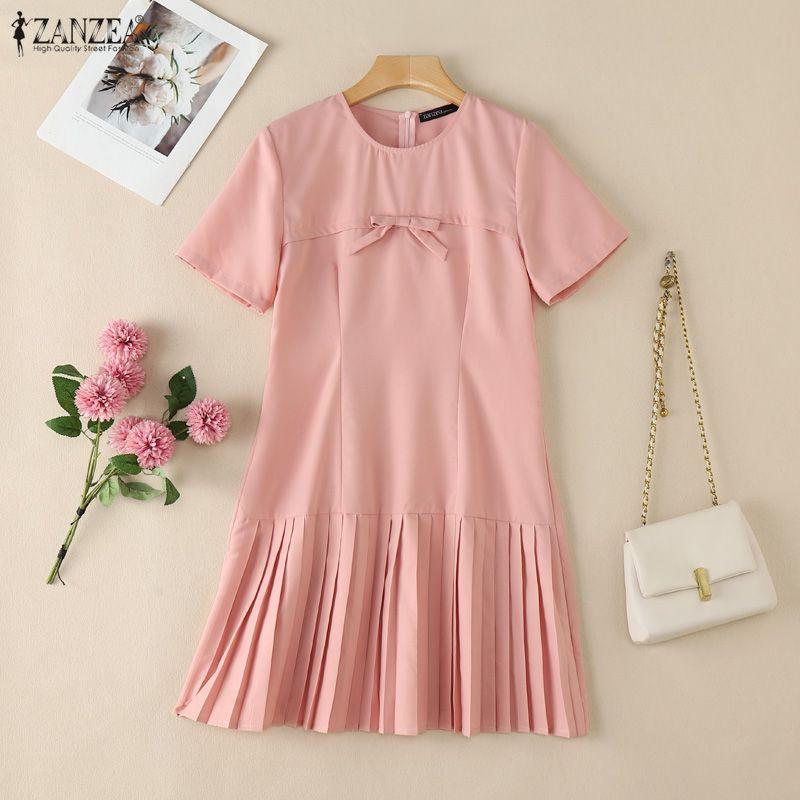 ZANZEA Women Casual Round Neck Summer Short Sleeve Dress