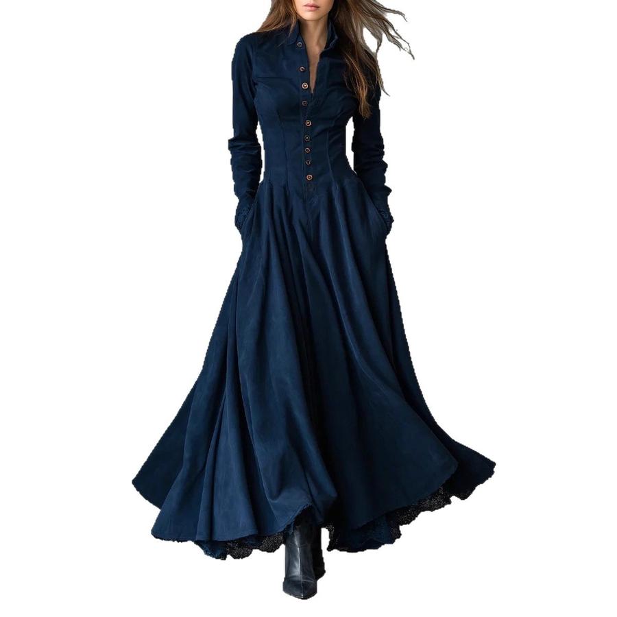French Vintage Style Faux Suede Lace Trim Patchwork Shirt Dress