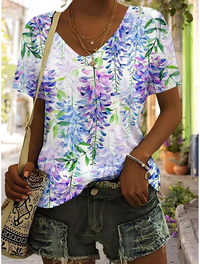 Summer Women's T Shirt Floral Plants Classic Casual Boho Casual Short Sleeve V Neck Regular Tops Daily Printed Y2K Tees