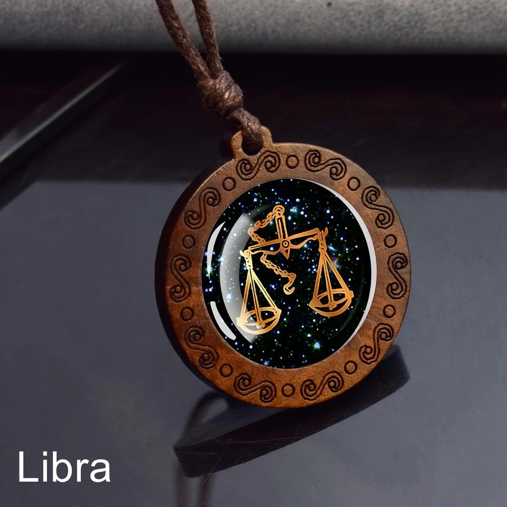 Halskette mit 12 Sternzeichen, Seilkette, Widder, Stier, Zwillinge, Krebs, Löwe, Jungfrau, Waage, Skorpion, Sternbild-Halskette, Holzanhänger