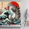 Japanese Cat Shower Curtain, Vintage Anime Sunset Wave Art, Waterproof Fabric With Hooks