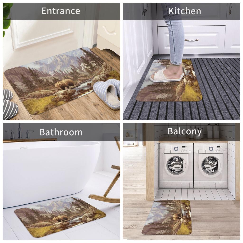 Grizzly Bear Landscape Front Door Mat Anti-Slip Outdoor Quick Dry Forest Spirit Animal Doormat Bedroom Entrance Rug Carpet
